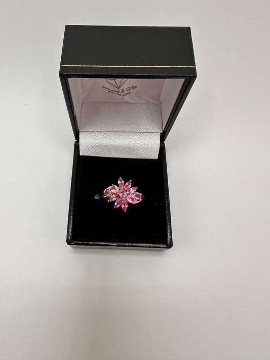 14k Yellow Gold Pink Ice Cluster Ring