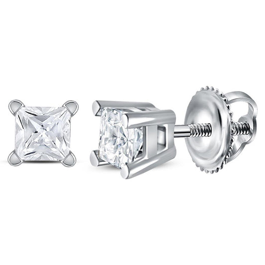 14kt White Gold Unisex Princess Diamond Solitaire Stud Earrings 1/4 Cttw