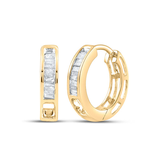 10kt Yellow Gold Womens Baguette Diamond Huggie Hoop Earrings 1/6 Cttw