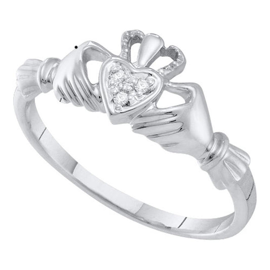 10kt White Gold Womens Round Diamond Claddagh Heart Ring .02 Cttw