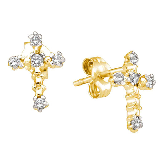 14kt Yellow Gold Womens Round Diamond Cross Earrings 1/20 Cttw