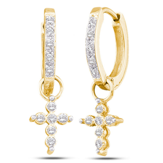 10kt Yellow Gold Womens Round Diamond Cross Hoop Dangle Earrings 1/8 Cttw