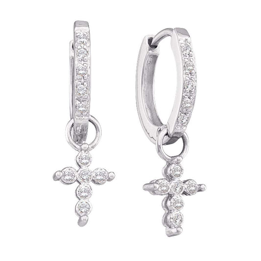 10kt White Gold Womens Round Diamond Cross Hoop Dangle Earrings 1/8 Cttw