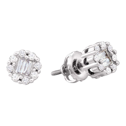 14kt White Gold Womens Round Baguette Diamond Cluster Stud Earrings 1/4 Cttw