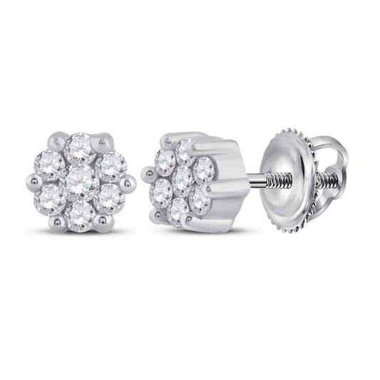 10kt White Gold Womens Round Diamond Flower Cluster Earrings 1/6 Cttw