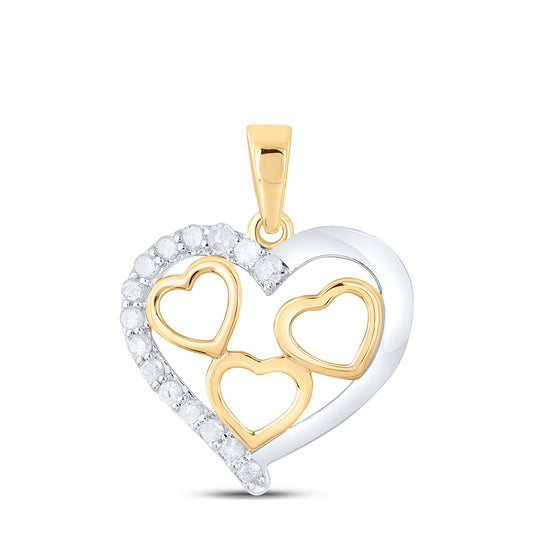 10kt Yellow Gold Womens Round Diamond Two-tone Nested Heart Pendant 1/5 Cttw