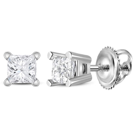 14kt White Gold Unisex Princess Diamond Solitaire Stud Earrings 1/5 Cttw